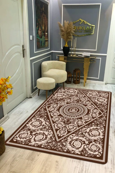 Modern Desenli Kahve Renk Kaymaz Tabanlı Yıkanabilir Leke Tutmaz Dot Taban Halı KAHVE-KREM 100 X 200