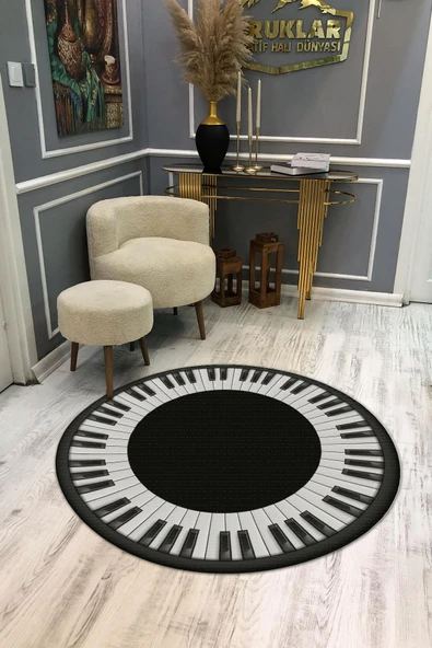 Dijital Baskı Kaymaz Taban Yıkanabilir Piano  Görünümlü Yuvarlak Halı RENKLİ 140 X 140