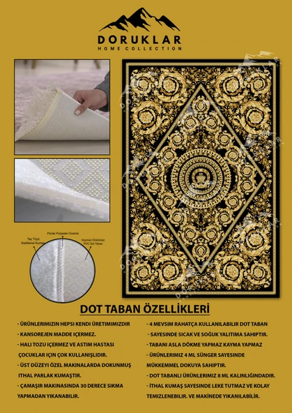 Modern Desenli Kaymaz Tabanlı Yıkanabilir Leke Tutmaz Dot Taban Halı GOLD-SİYAH 80 X 150 - 2