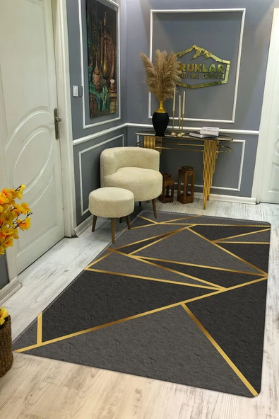 Kaymaz Taban Yıkanabilir Dijital Baskı Gold Çizgi Desenli Halı RENKLİ 80 X 200