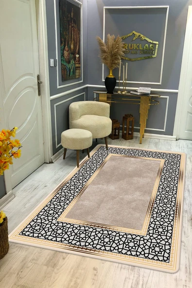 Kaymaz Taban Yıkanabilir Dijital Baskı Çerçeveli Örüntü Desenli Halı RENKLİ 140 X 200