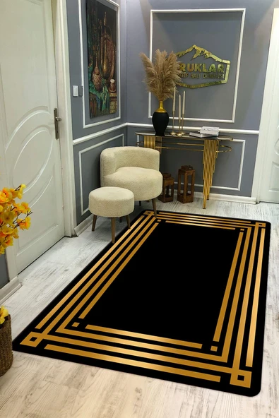 Kaymaz Taban Yıkanabilir Dijital Baskı Gold Çizgili Desenli Halı RENKLİ 80 X 200