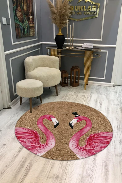 Flamingo Desenli Dijital Baskı Kaymaz Taban Yıkanabilir Yuvarlak Halı RENKLİ 140 X 140