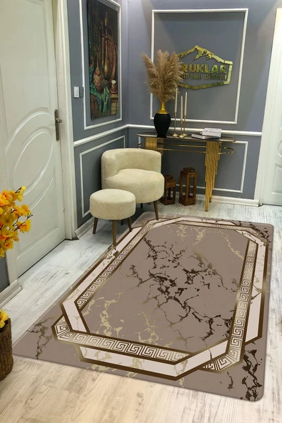 Kaymaz Taban Yıkanabilir Dijital Baskı Çerçeveli Mermer Desenli Halı RENKLİ 80 X 150