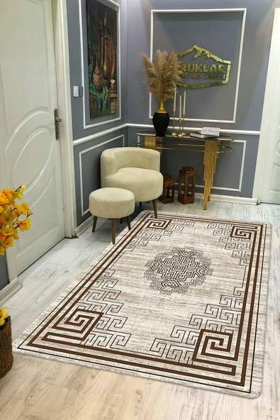 Kaymaz Taban Yıkanabilir Dijital Baskı Çerçeveli Desenli Halı RENKLİ 100 X 300