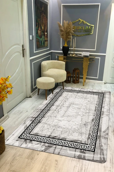 Kaymaz Taban Yıkanabilir Dijital Baskı Çerçeveli Desenli Halı RENKLİ 80 X 300