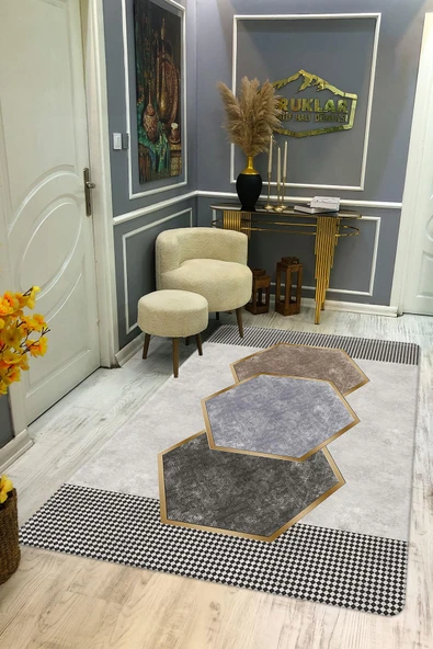 Kaymaz Taban Yıkanabilir Dijital Baskı Altıgen Desenli Halı RENKLİ 140 X 200