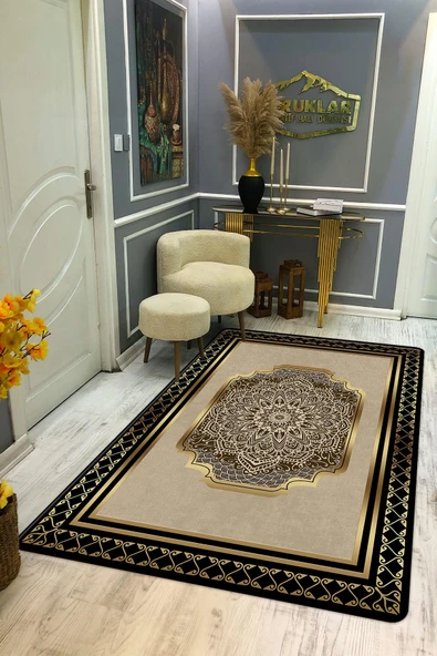 Kaymaz Taban Yıkanabilir Dijital Baskı Çerçeveli Gold Çizgili Halı RENKLİ 200 X 300
