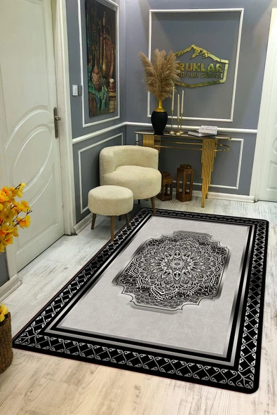 Kaymaz Taban Yıkanabilir Dijital Baskı Çerçeve Desenli Halı RENKLİ 100 X 200