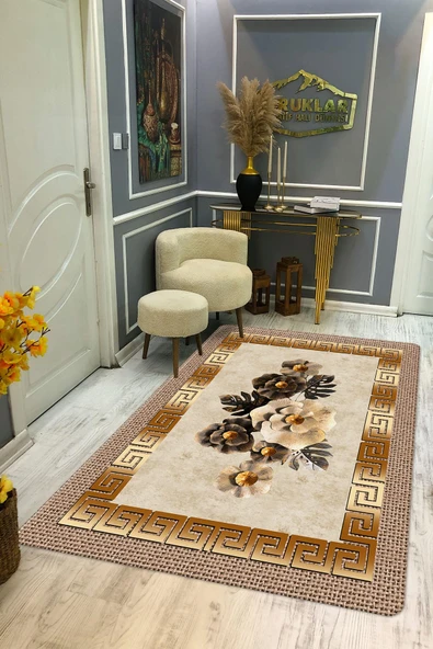 Kaymaz Taban Yıkanabilir Dijital Baskı Ortası Çiçek Desenli Halı RENKLİ 180 X 280