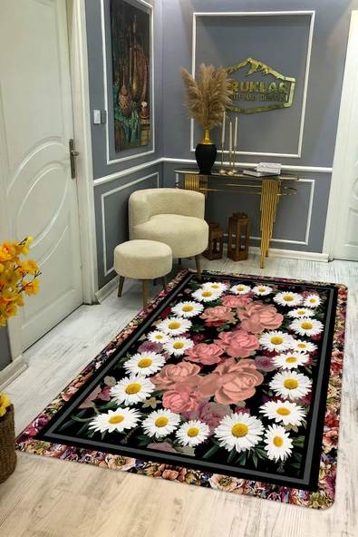 Kaymaz Taban Yıkanabilir Dijital Baskı Papatya Çiçek Desenli Halı RENKLİ 80 X 300