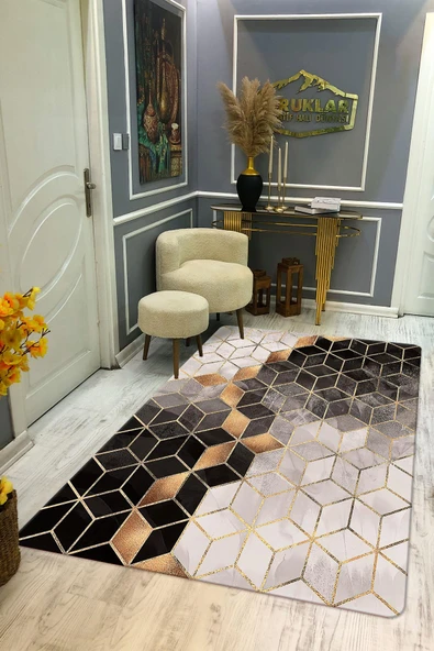 Kaymaz Taban Yıkanabilir Dijital Baskı Gri Siyah Küp Desenli Halı RENKLİ 80 X 300