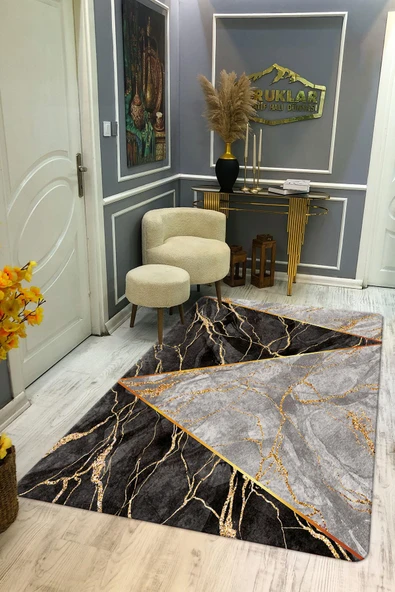 Kaymaz Taban Yıkanabilir Dijital Baskı Gold Mermer Desenli Halı RENKLİ 140 X 200