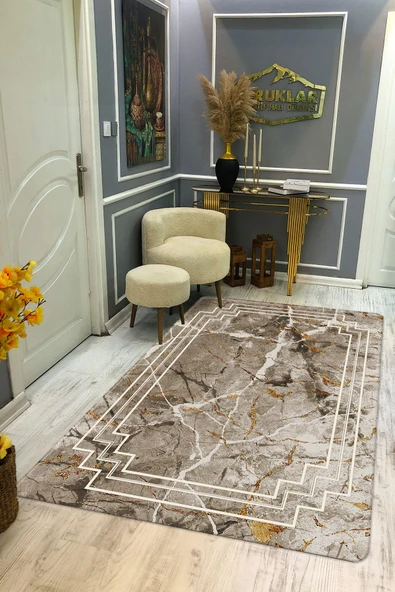 Kaymaz Taban Yıkanabilir Dijital Baskı Çizgili Mermer Desenli Halı RENKLİ 80 X 300