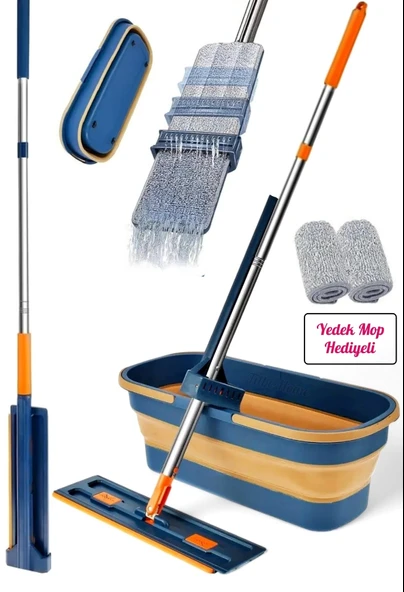 Tilbe Home Kendinden Sıkmalı Kovalı Mop Seti - Kendinden Sıkmalı Mop Katlanabilir Tekerlekli Kova 1 Yedek Bez