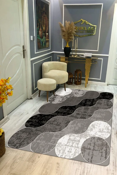 Kaymaz Taban Yıkanabilir Dijital Baskı Geometrik Desenli Halı RENKLİ 80 X 200