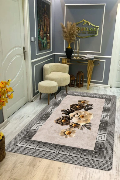Kaymaz Taban Yıkanabilir Dijital Baskı Ortası Çiçek Desenli Halı RENKLİ 120 X 180