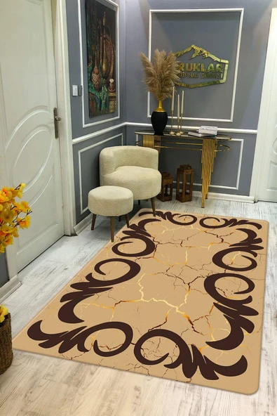 Kaymaz Taban Yıkanabilir Dijital Baskı Gold Mermerli Kuğu Desenli Halı RENKLİ 140 X 200