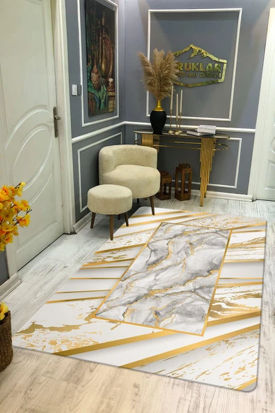 Kaymaz Taban Yıkanabilir Dijital Baskı Gold Mermer Desenli Halı RENKLİ 120 X 180