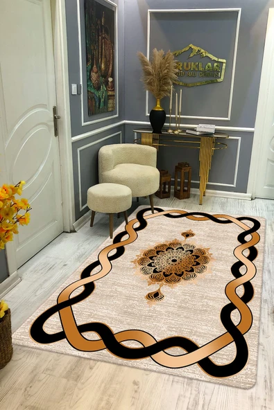 Kaymaz Taban Yıkanabilir Dijital Baskı Çizgili Ortası Desenli Halı RENKLİ 140 X 200