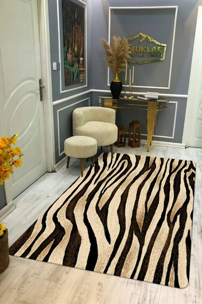 Kaymaz Taban Yıkanabilir Zebra Desenli Dijital Baskı Modern Desenli Halı KAHVE TONLAMALI 120 X 180