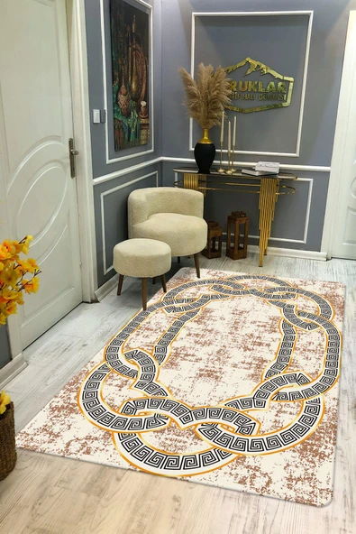 Kaymaz Taban Yıkanabilir Dijital Baskı Geçişli Çerçeve Desenli Halı RENKLİ 100 X 300