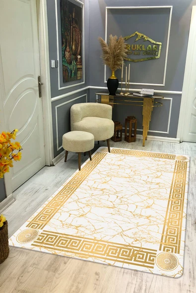 Kaymaz Taban Yıkanabilir Dijital Baskı Gold Mermer Çerçeve Desenli Halı RENKLİ 80 X 200