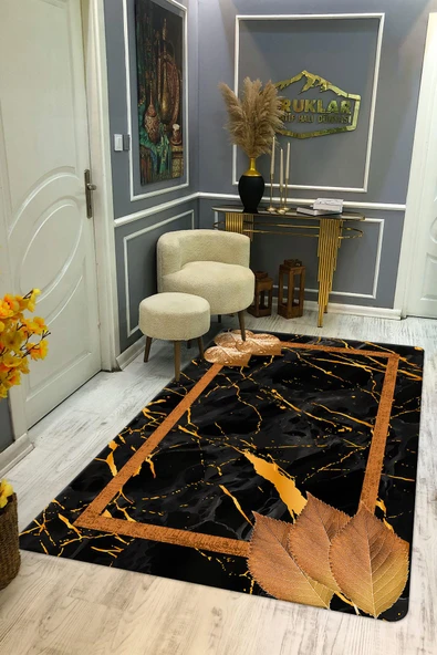 Kaymaz Taban Yıkanabilir Dijital Baskı Gold Yaprak Desenli Halı RENKLİ 160 X 230