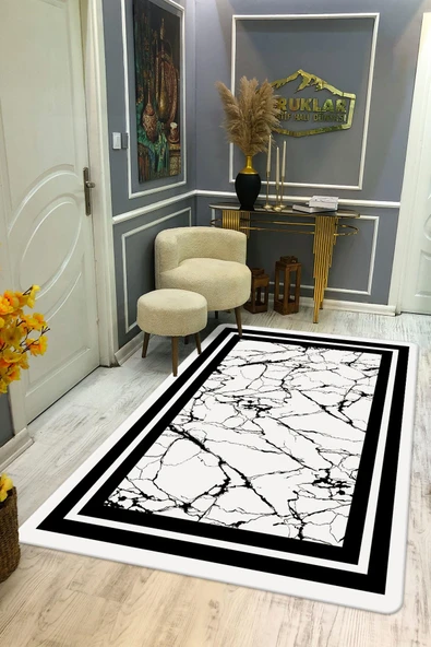 Kaymaz Taban Yıkanabilir Dijital Baskı Çerçeveli Mermer Desenli Halı RENKLİ 200 X 300