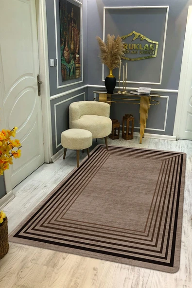Kaymaz Taban Yıkanabilir Dijital Baskı Çizgili Çerçeveli Desenli Halı RENKLİ 80 X 150