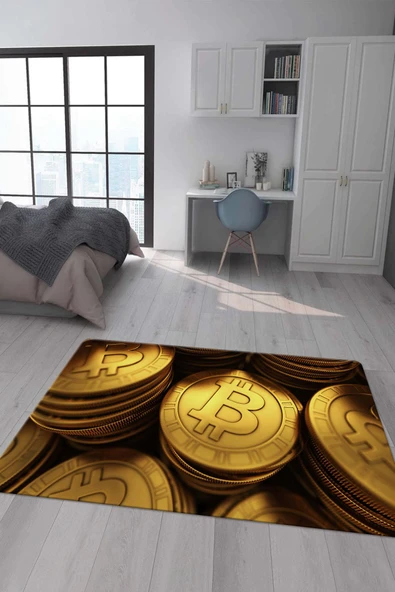Kaymaz Tabanlı Makinede Yıkanabilir Dijital Baskı Bitcoin Desenli Dot Taban Halı RENKLİ 140 X 200