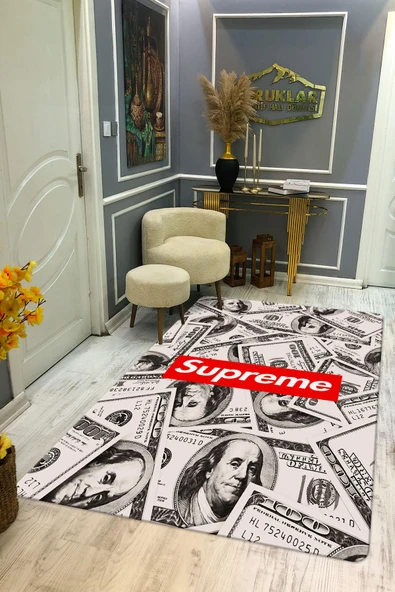 Kaymaz Tabanlı Makinede Yıkanabilir Dijital Baskı Dolar Desenli Dot Taban Halı RENKLİ 80 X 300