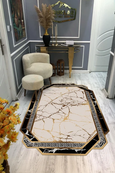 Kaymaz Taban Yıkanabilir Dijital Baskı Lazer Kesimli Modern Mermer Desenli Dot Taban Halı RENKLİ 80 X 150