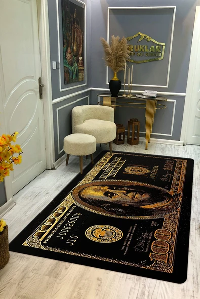 Kaymaz Tabanlı Makinede Yıkanabilir Dijital Baskı Dolar Desenli Dot Taban Halı RENKLİ 180 X 280