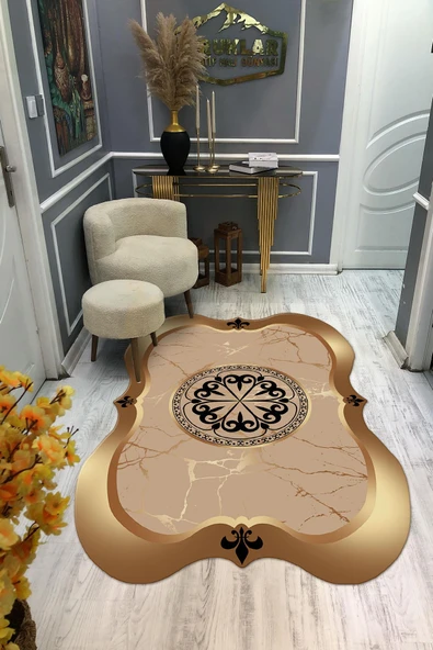 Kaymaz Taban Yıkanabilir Dijital Baskı Lazer Kesimli Gold Modern Desenli Dot Taban Halı RENKLİ 80 X 200