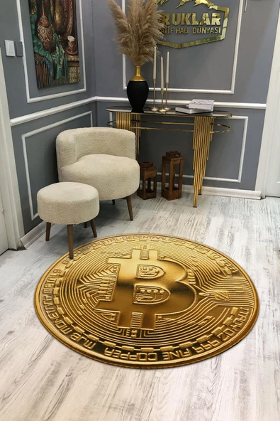 Kaymaz Tabanlı Makinede Yıkanabilir Dijital Baskı Bitcoin Desenli Dot Taban Halı RENKLİ 140 X 140