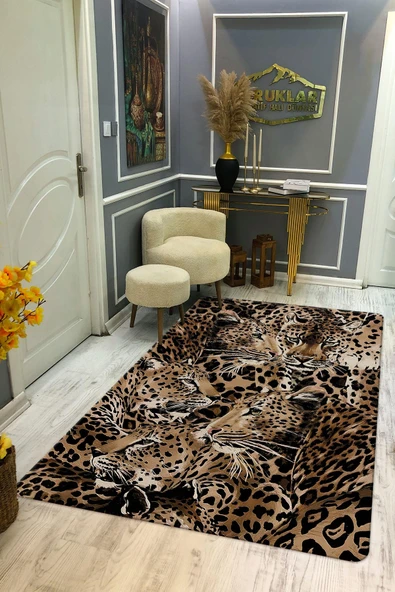 Kaymaz Taban Yıkanabilir Leopar Desenli Dijital Baskı Modern Desenli Halı KAHVE TONLAMALI 80 X 300