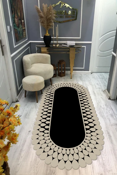 Kaymaz Taban Yıkanabilir Dijital Baskı Lazer Kesimli Siyah Damlacık Desenli Dot Taban Halı RENKLİ 100 X 200