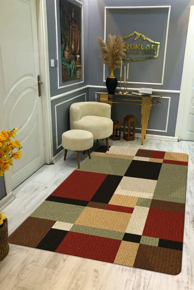 Kaymaz Taban Yıkanabilir Dijital Baskı Dekoratif Modern Desenli Dot Taban Halı RENKLİ 140 X 200