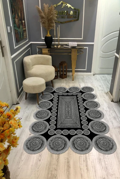 Kaymaz Taban Yıkanabilir Dijital Baskı Lazer Kesimli Hasır Desenli Dot Taban Halı RENKLİ 100 X 300