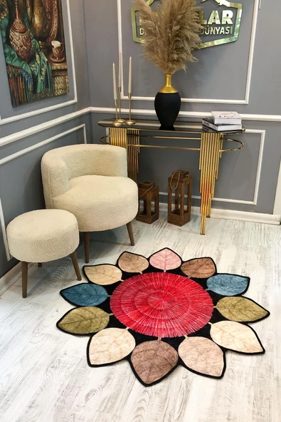 Kaymaz Taban Yıkanabilir Dijital Baskı Lazer Kesim Çiçek Desenli Dot Taban Halı RENKLİ 80 X 80