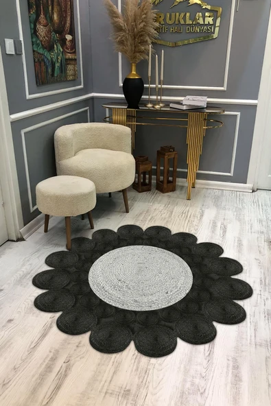 Kaymaz Taban Yıkanabilir Dijital Baskı Lazer Kesim Jüt Görünüm Hasır Desenli Dot Taban Halı RENKLİ 140 X 140