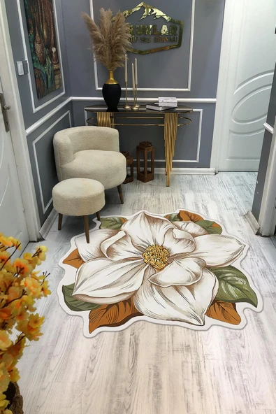 Kaymaz Taban Yıkanabilir Dijital Baskı Lazer Kesim Çiçek Desenli Dot Taban Halı RENKLİ 140 X 140