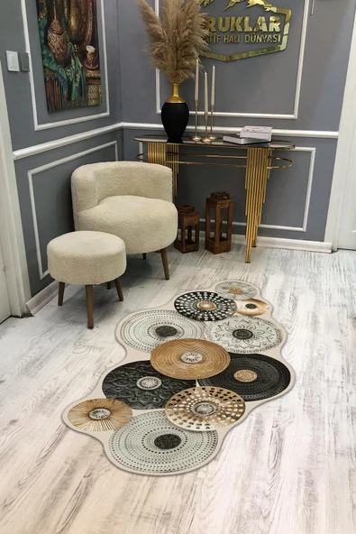 Kaymaz Taban Yıkanabilir Dijital Baskı Lazer Kesimli Mandala Desenli Dot Taban Halı RENKLİ 180 X 280