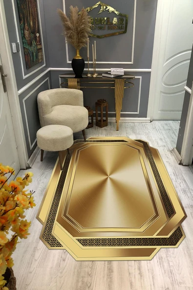 Kaymaz Taban Yıkanabilir Dijital Baskı Lazer Kesimli Gold Desenli Dot Taban Halı RENKLİ 140 X 200