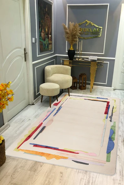 Kaymaz Taban Makinada Yıkanabilir Dijital Baskı Dekoratif Modern Desenli Nida Serisi Dot Taban Halı ND005 RENKLİ 80 X 200