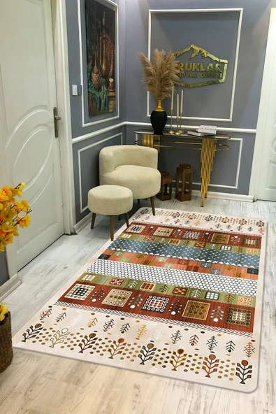 Kaymaz Taban Yıkanabilir Dijital Baskı Dekoratif Modern Desenli Marry Serisi Dot Taban Halı MRY03 RENKLİ 80 X 300