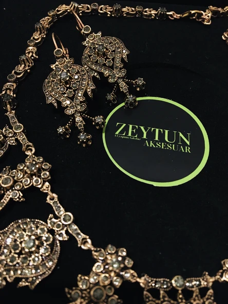 ZEYTUN AKSESUAR ELMAS MONTÜRLÜ GERDANLIK VE KÜPE SETİ - 3