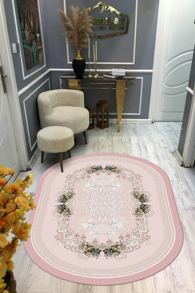 Kaymaz Taban Yıkanabilir Dijital Baskı Oval Kesim Dekoratif Modern Desenli Dot Taban Halı OVAL014 RENKLİ 100 X 200