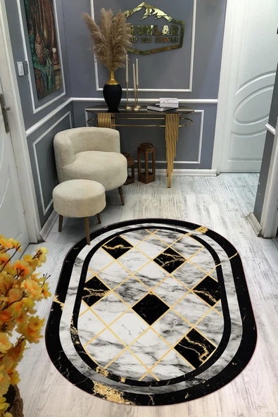 Kaymaz Taban Yıkanabilir Dijital Baskı Oval Kesim Dekoratif Modern Desenli Dot Taban Halı OVAL013 RENKLİ 80 X 200